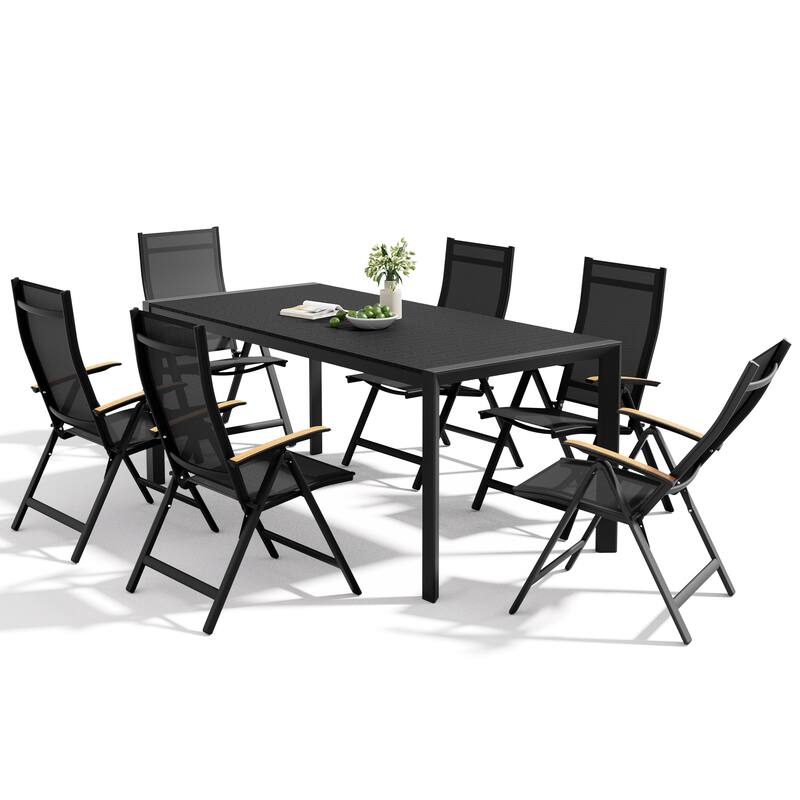 7-Piece Outdoor Patio Dining Set Wood Like Table Top Aluminum Rectangular Umbrella Hole Table with Folding Armrest Chairs