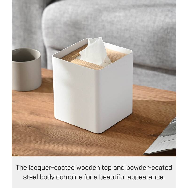 Yamazaki Home Tissue Box Cover - Square, Steel, Lid - L 5.12 x W 5.12 x H 6.1 inches