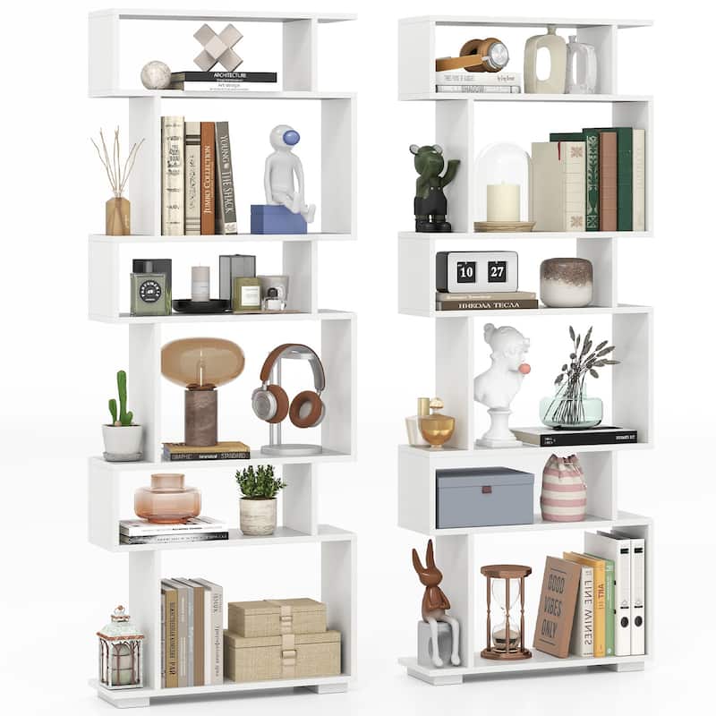 Gymax 2PCS 6-tier Storage Bookshelf Tall Display Shelf w/ - White