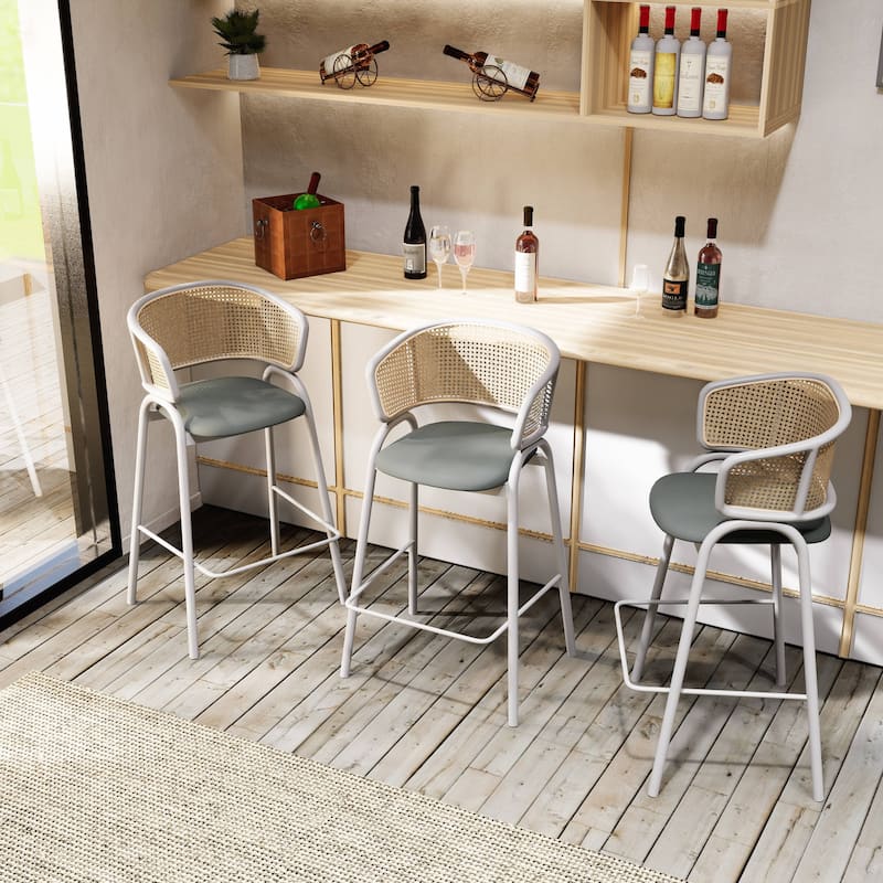 LeisureMod Ervilla Modern Wicker Leather Bar Stool with Curved Back & White Stainless Steel Frame for Home & Kitchen