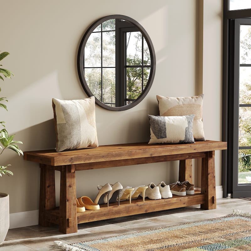 55" Solid Wood Entryway Bench with Shoe Storage