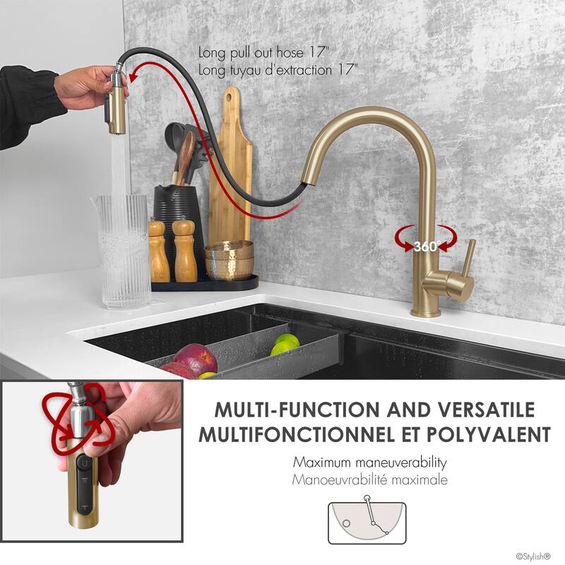Modena Single Handle Brushed Gold Pull Down Kitchen Faucet with Reversible Osmosis