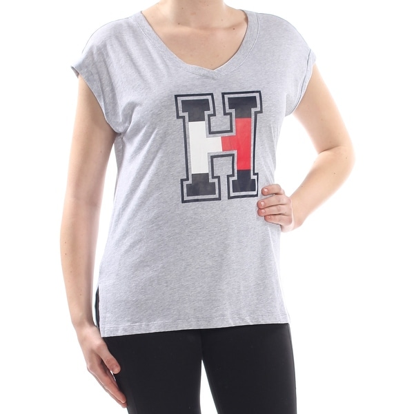TOMMY HILFIGER Womens Gray Heather H Short Sleeve Scoop Neck Top Size: XXL