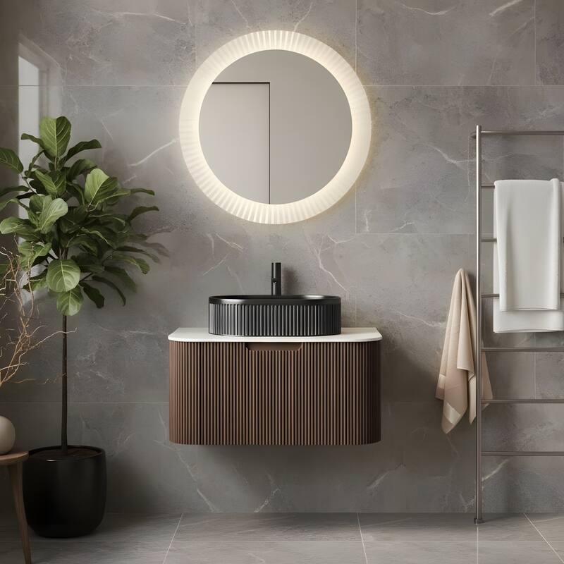 Wall Mounted Bathroom Vanity with Black Oval Ceramic Basin - 30 - Dark Walnut