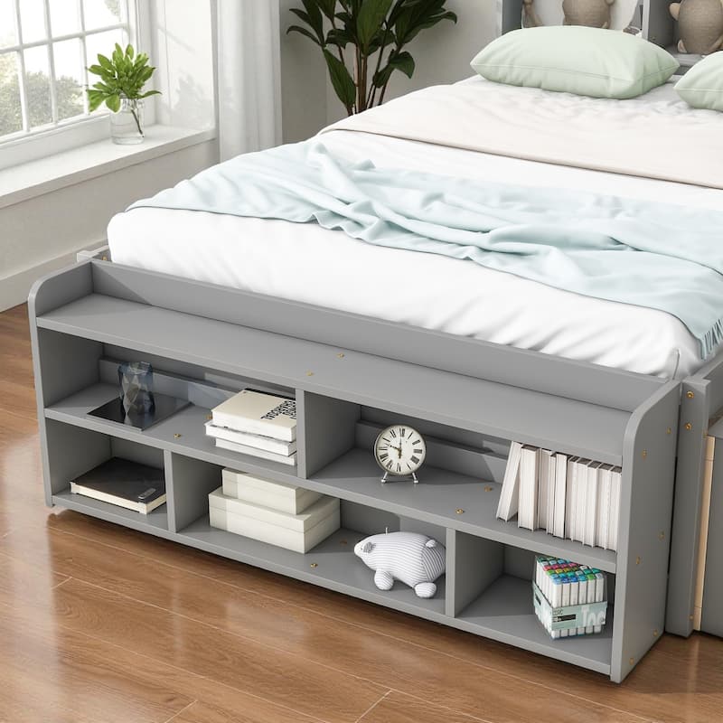 Full Size Wooden Storage Bed with Bookcase Headboard, 6 Drawers, and Bed-End Storage Case