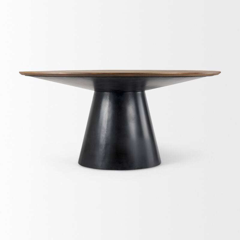 HomeRoots 63" Brown and Black Solid Wood and Metal Pedestal Base Round Top Dining Table - 63.00 in. x 31.00 in. x 63.00 in.