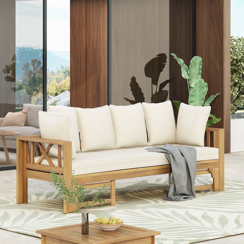 Outdoor 3-Seater Acacia Wood Sofa w/ Cushions, Extendable Patio Daybed