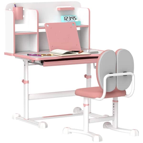 slide 2 of 10, Kids Desk and Chair Set, Height Adjustable Kids School Study Desk and Chair Set with Tilt Desktop - Pink Pink