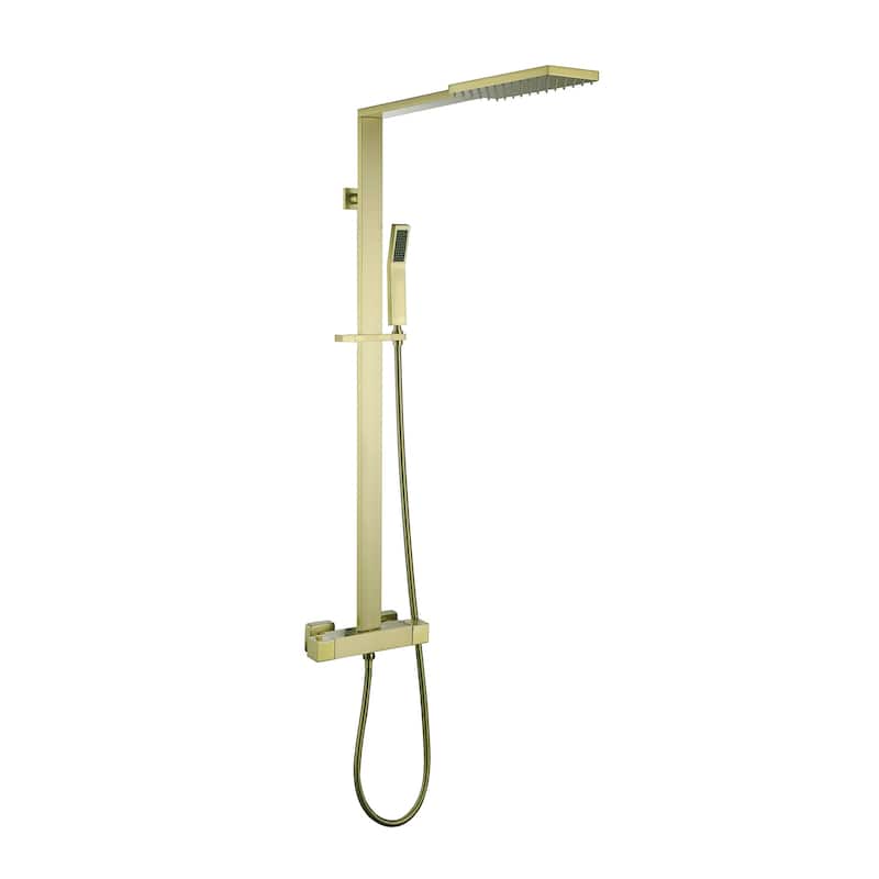 Exposed Shower System with Handheld Shower Rainfall Wall Mount Shower Faucet with Thermostatic Valve in Brushed Gold - Brushed Gold