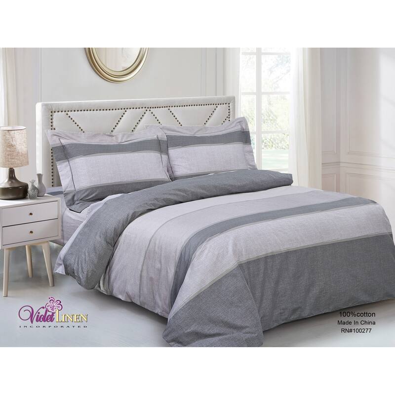 Violet Linen French Beige Grey Stripe Pattern, 200 Thread Count Cotton, Multi, 6 Piece, Bedding Duvet Cover Set - Twin