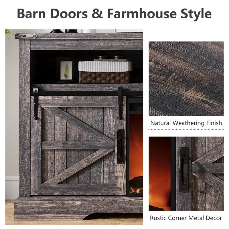 Fireplace TV Stand,Farmhouse Entertainment Center w/Sliding Barn Door