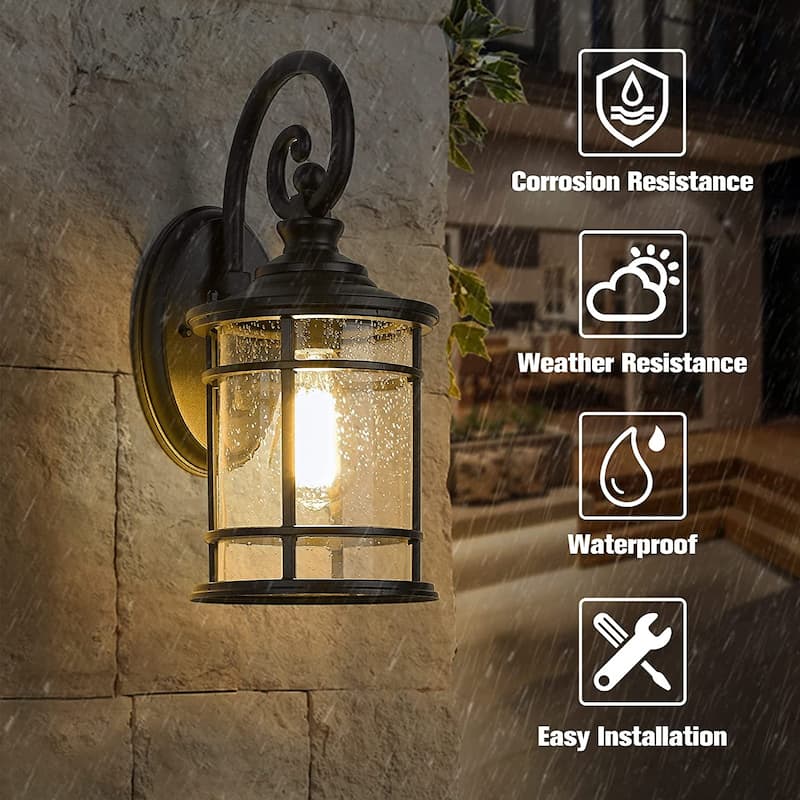 Textured Black/White Outdoor Wall Lantern with Seeded Glass Shade