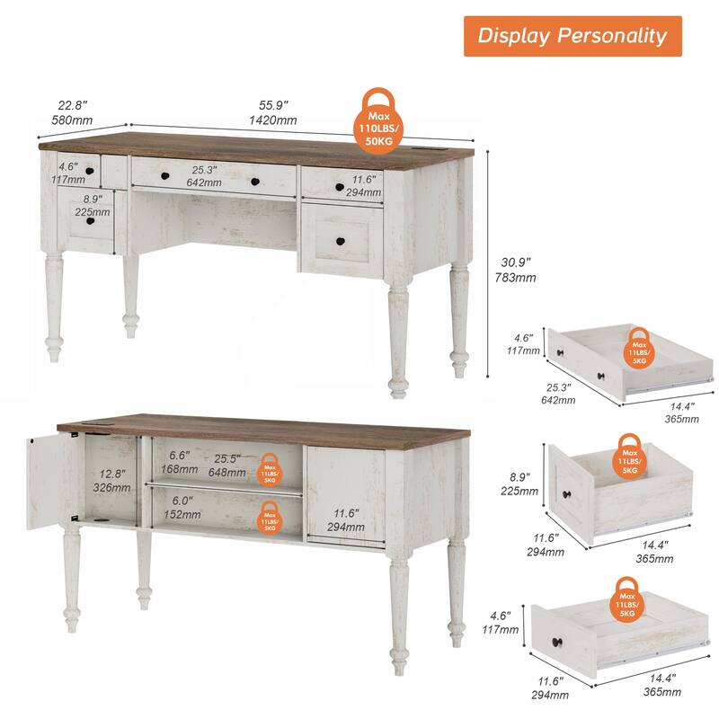56'' Farmhouse Executive Desk with Drawers White/Oak - 5 Drawers and 2 Doors