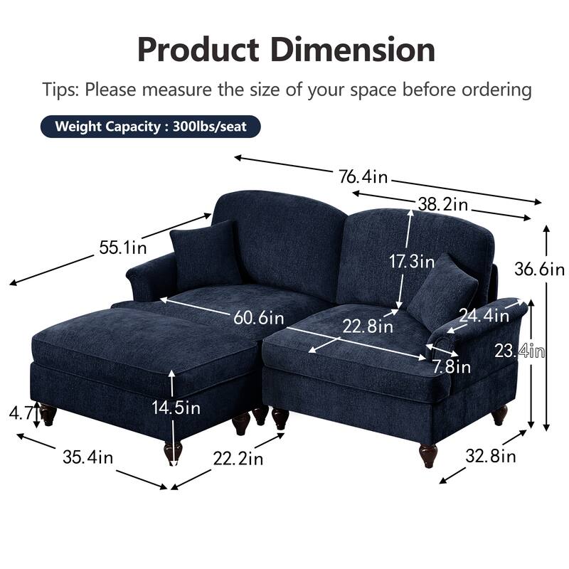 Chaise Lounge Sofa Loveseat Couch with Movable Ottoman, Elegant Loveseat Sofa Couch with Flared Armrests