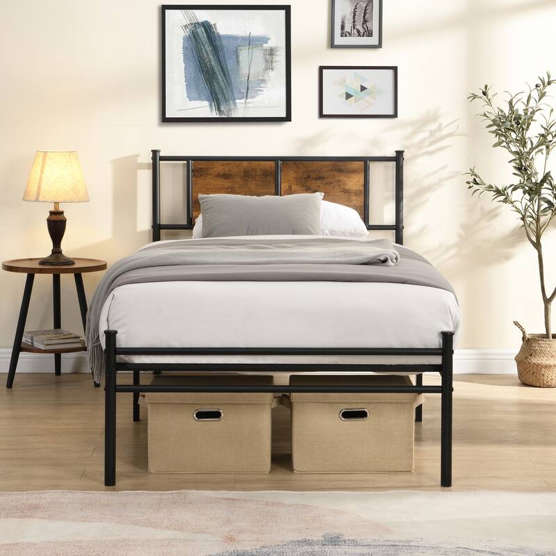 Metal Platform Bed Frame with Headboard and Wood Panel Decoration, Twin, Full, and Queen Sizes Bedroom Furniture