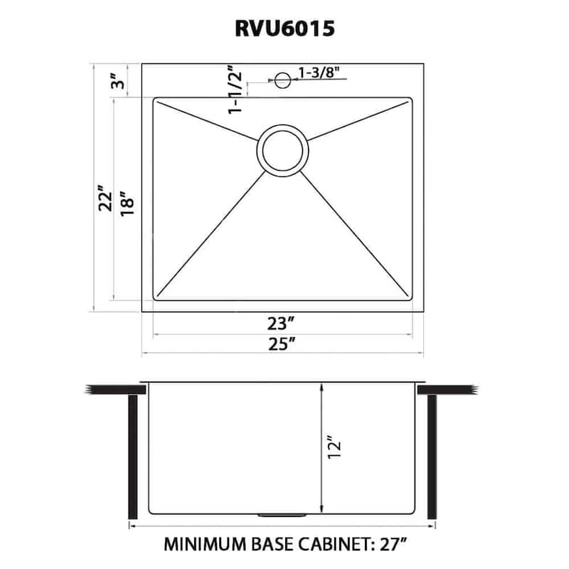 Ruvati Topmount Laundry Utility Sink 25" x 22" x 12" Tight Radius Deep 16 Gauge Stainless Steel - RVU6015
