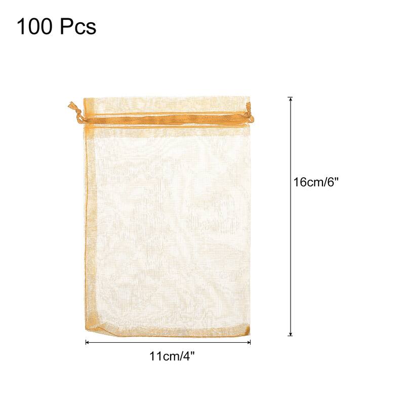 100pcs Organza Bags Drawstring Favor Pouches Sheer Mesh Bag for Party - Gold - 4 inch x 6 inch