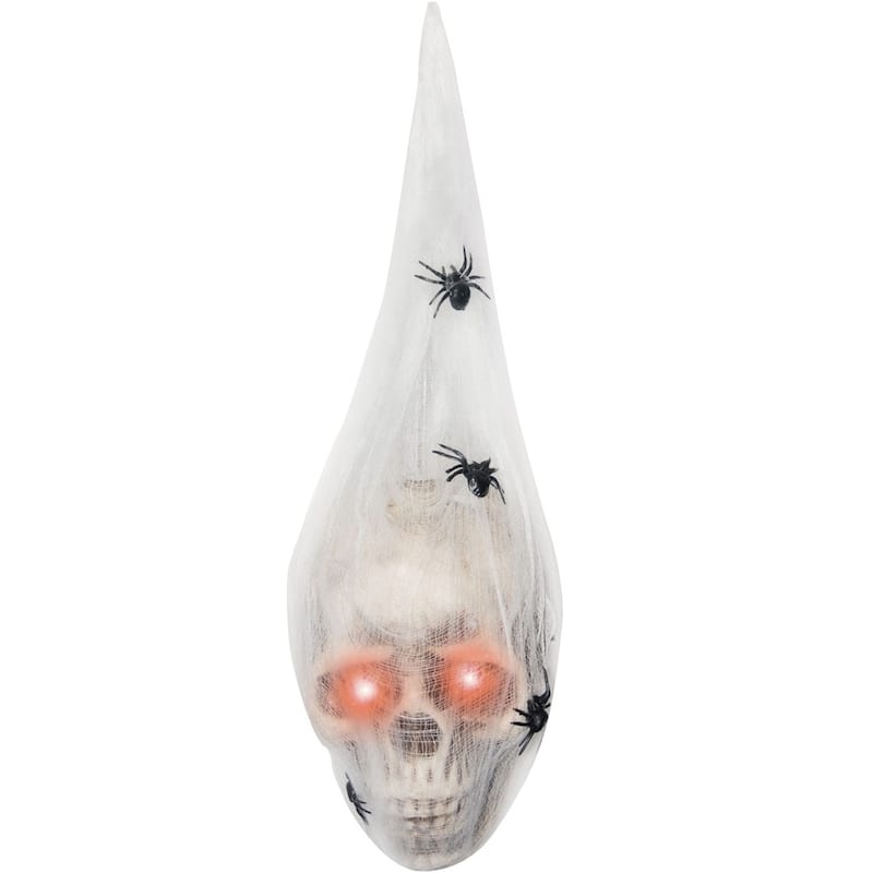 Light Up Skull Head With Spiders Halloween Decoration 19" White Red