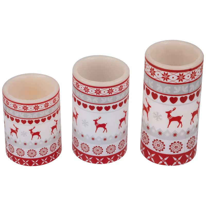 LED Flameless Flickering Nordic Reindeer Wax Pillar Christmas Candles - 6" - Set of 3