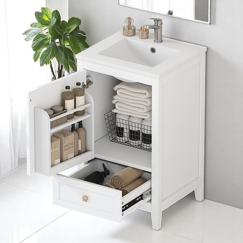 20" Freestanding Bathroom Vanity with Sink, Cabinet, Drawer & Two-Tier Storage Rack, White Finish