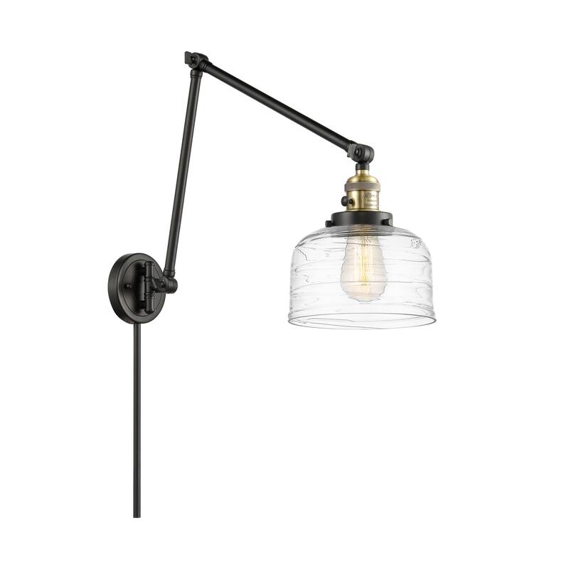 Innovations Lighting Bell - 1 Light 8" Double Extension Swing Arm - 8" Shade - Plug In or Hardwired - Black Antique Brass/Clear Deco Swirl