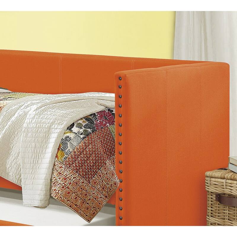 Orange Fabric Upholstered 1pc Day Bed with Pull-out Trundle Nailhead Trim Wood Frame Furniture