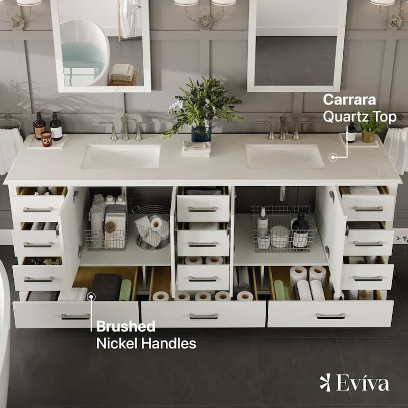 Eviva Storehouse 84"W x 22"D White Bathroom Vanity with White Carrara Quartz Countertop and Undermount Porcelain Sink - 84