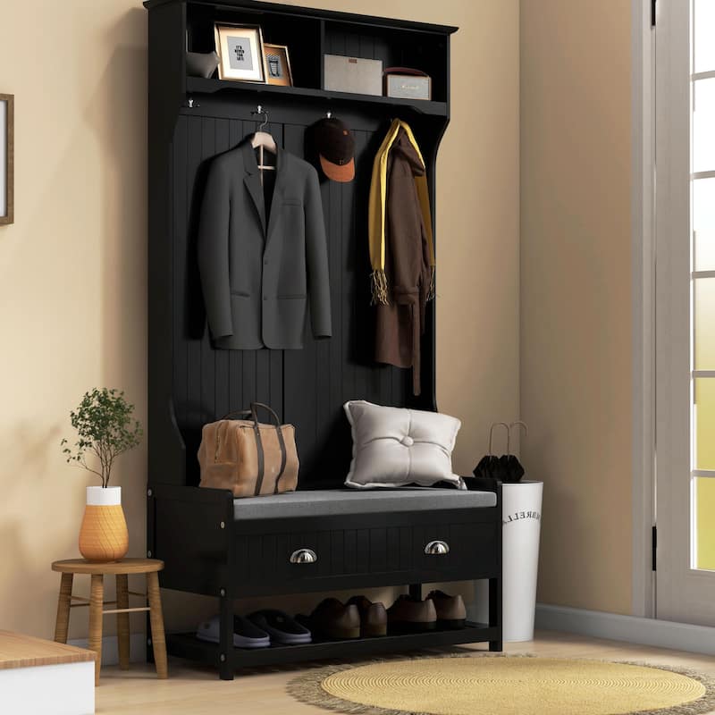 Entryway Bench with Coat Rack & Shoe Storage - Black