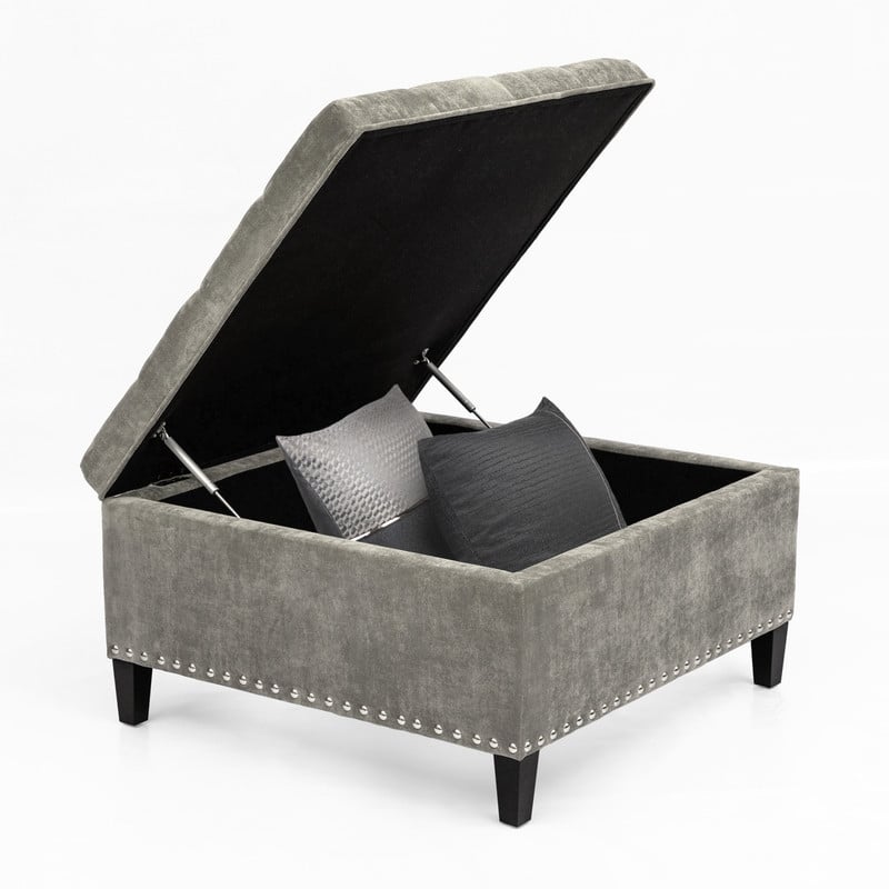 Adeco Large Square Footstool Fabric Storage Ottoman Bench Light Grey