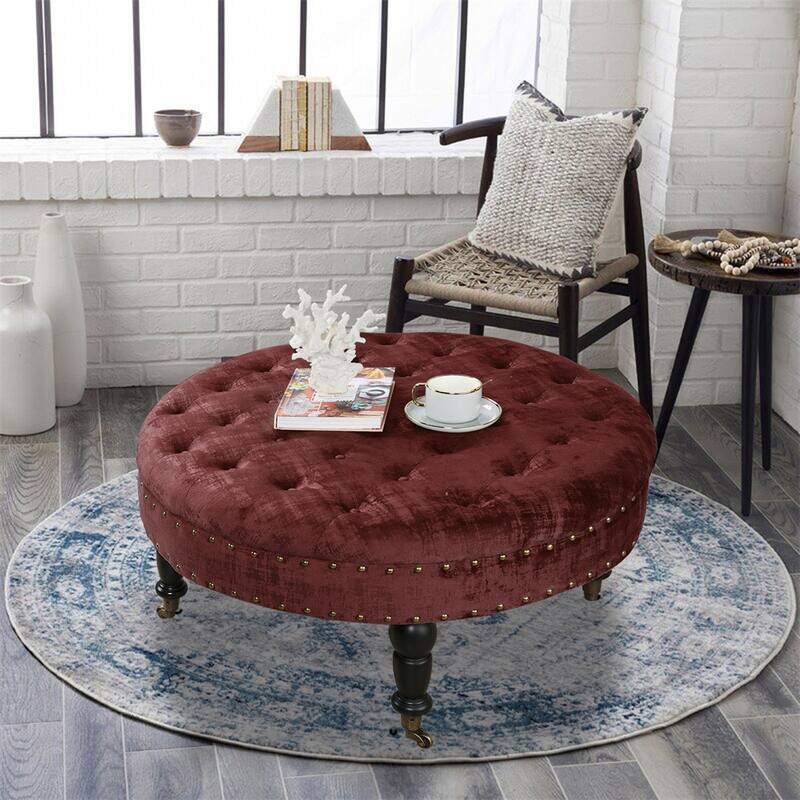 Round Velvet Tufted Coffee Table Ottoman, 34" x 34" x 17" H