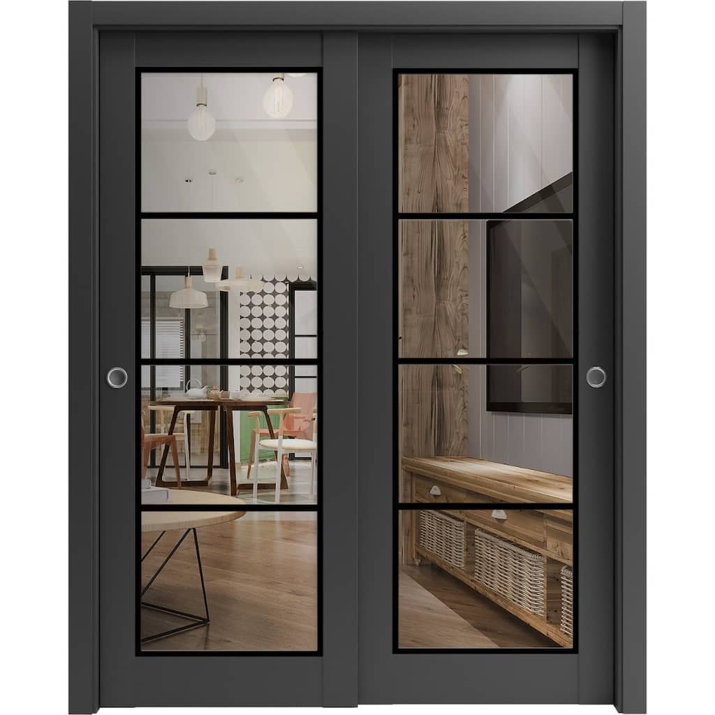Bypass Doors 36 x 80 Lucia 2466 Matte Black Clear Glass Sturdy Rails