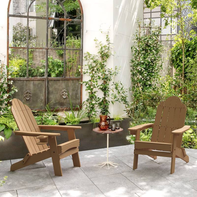 All-Weather Folding Plastic Outdoor Patio Adirondack Chairs With Cup Holder Set of 2 - 35"D x 30"W x 36.2"H - Brown