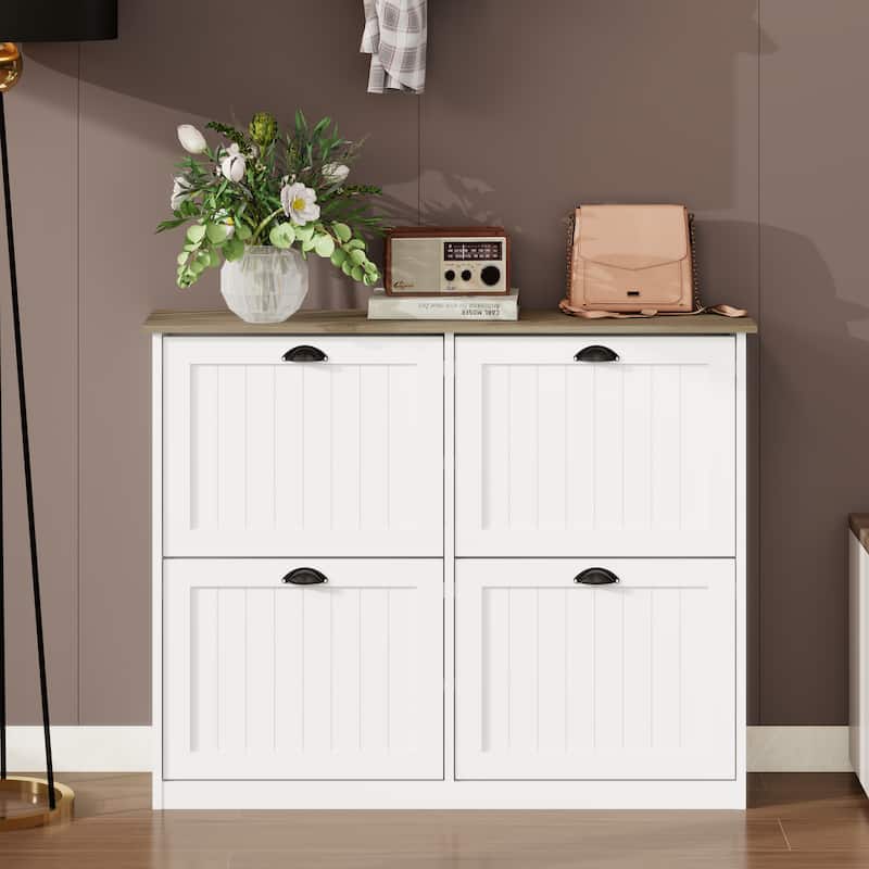 Anmytek Slim 4 Flip Drawer Shoe Storage Cabinet with Adjustable Shelves, Freestanding Entryway Shoe Organizer, White