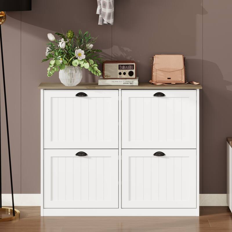 Shoe Storage Cabinet with 4 Flip Drawers, Freestanding Shoe Cabinet Organizer with Adjustable Shelf, Shoe Cabinet for En - White