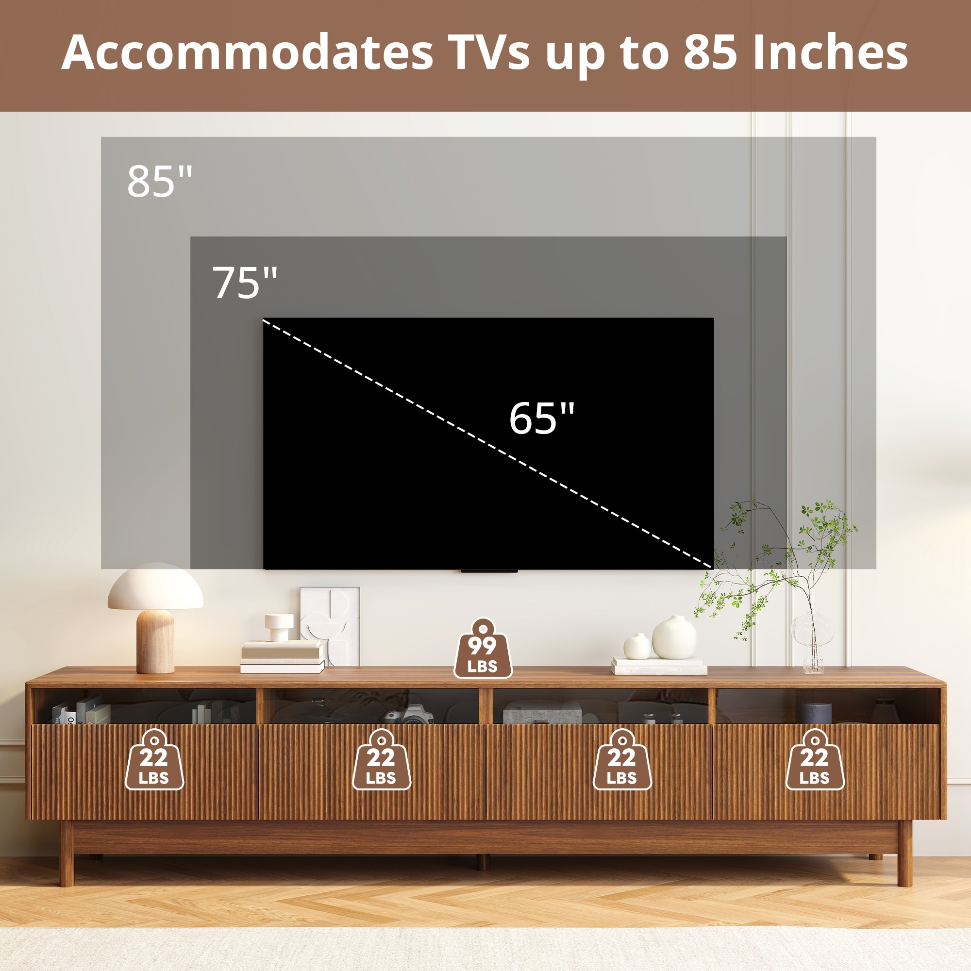 Fluted TV Stand Entertainment Center for 65 75 85" Televisions, Mid-Century Modern TV Console Table with Glass Drawers