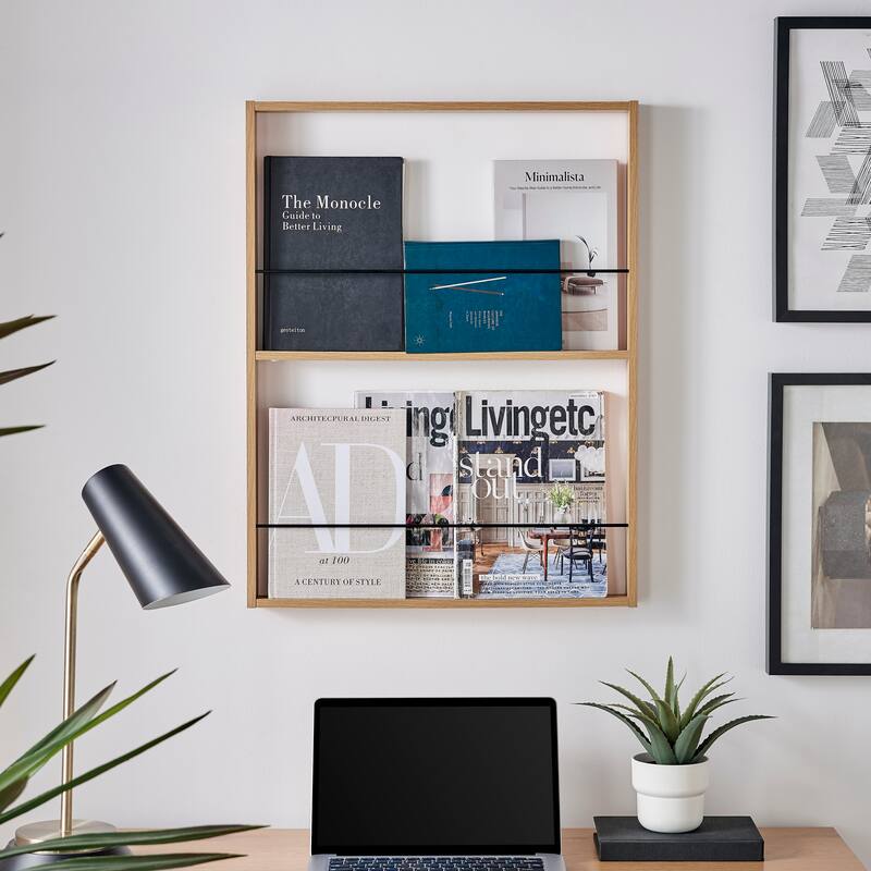 Danya B. Steiner Beech Square Modern 2-Tier Kids Wall Mounted Bookshelf with Contrasting Black Rods