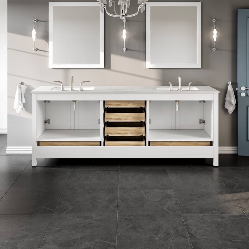 Eviva Aberdeen 84"W x 22"D Double Sink Bathroom Vanity with White Carrara Quartz Countertop and Undermount Porcelain Sinks