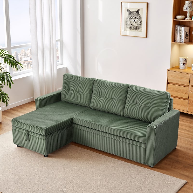 Modern Pull Out Sectional Sofa Bed Couch with Storage Chaise for Living Room - Corduroy/Green