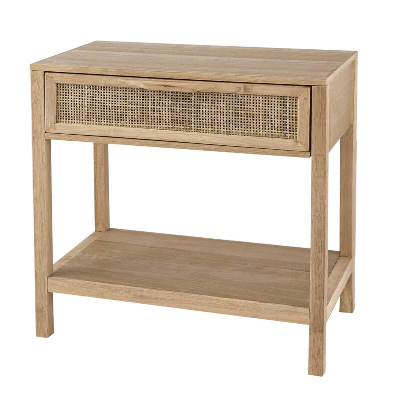 Rosette 22 Inch Accent Side Table, Rattan Front Drawer, Open Shelf, Natural Brown Mango Wood Frame - Brown - Wood