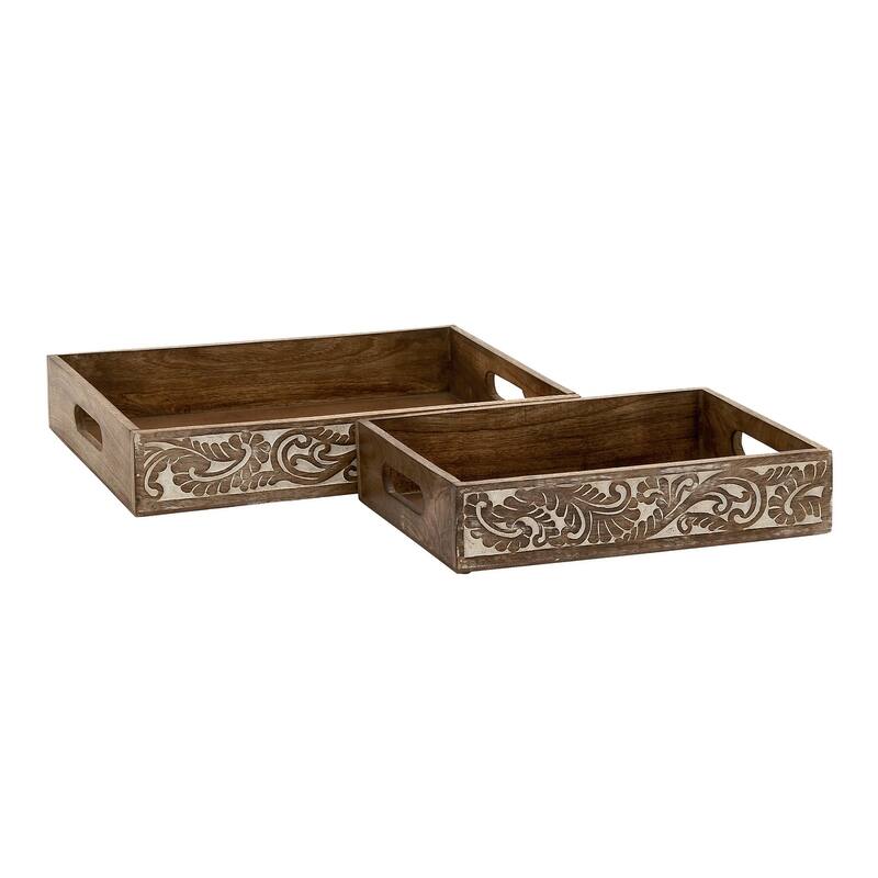 Brown Wood Traditional Tray (Set of 2) - 12 x 18 x 3