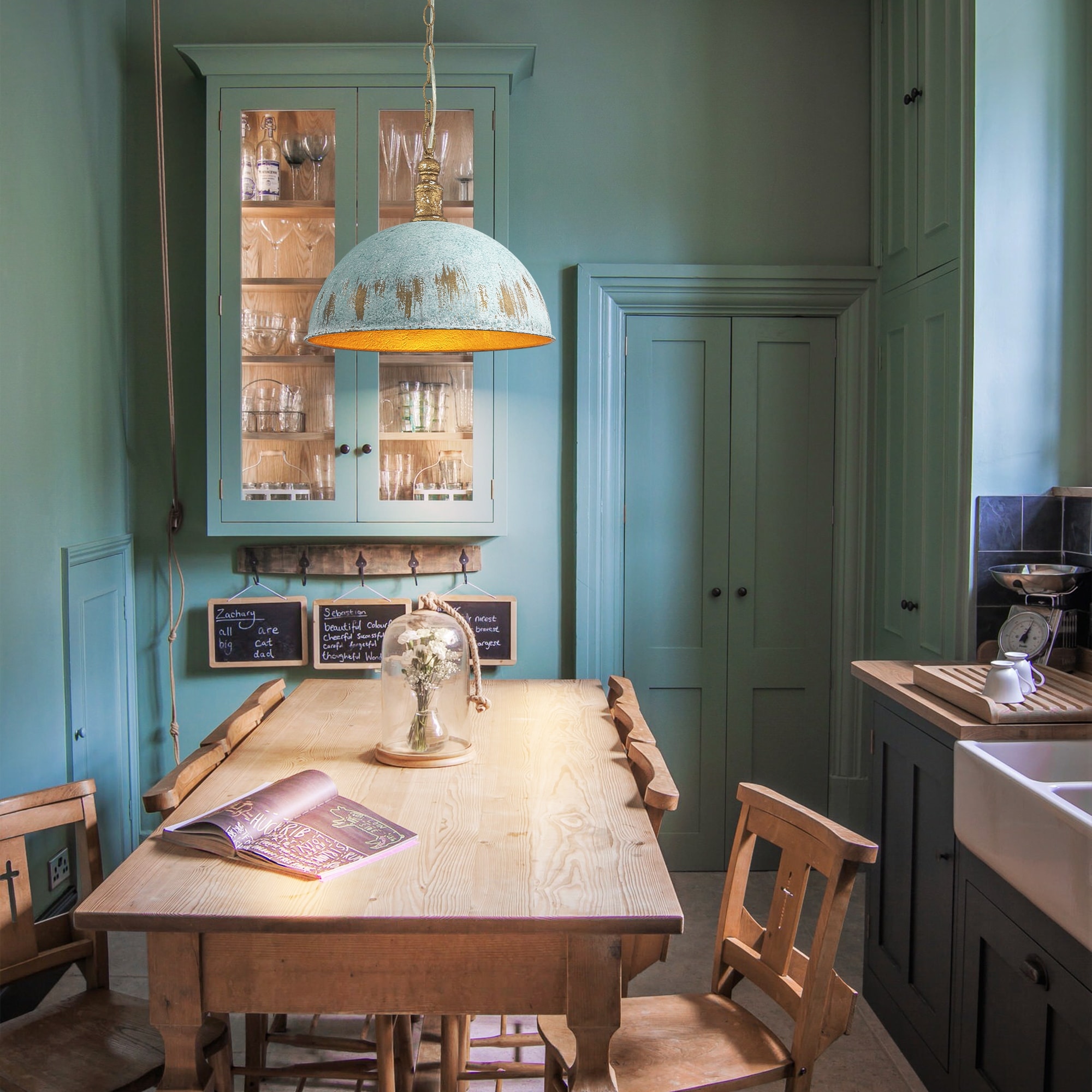 1-Light Modern Vintage Distressed Teal Dome Pendant Kitchen