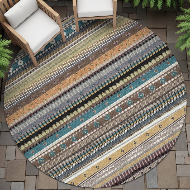 Machine Washable Indoor/Outdoor Boho Stripes Chantille Rug - Brown - 8' x 8'