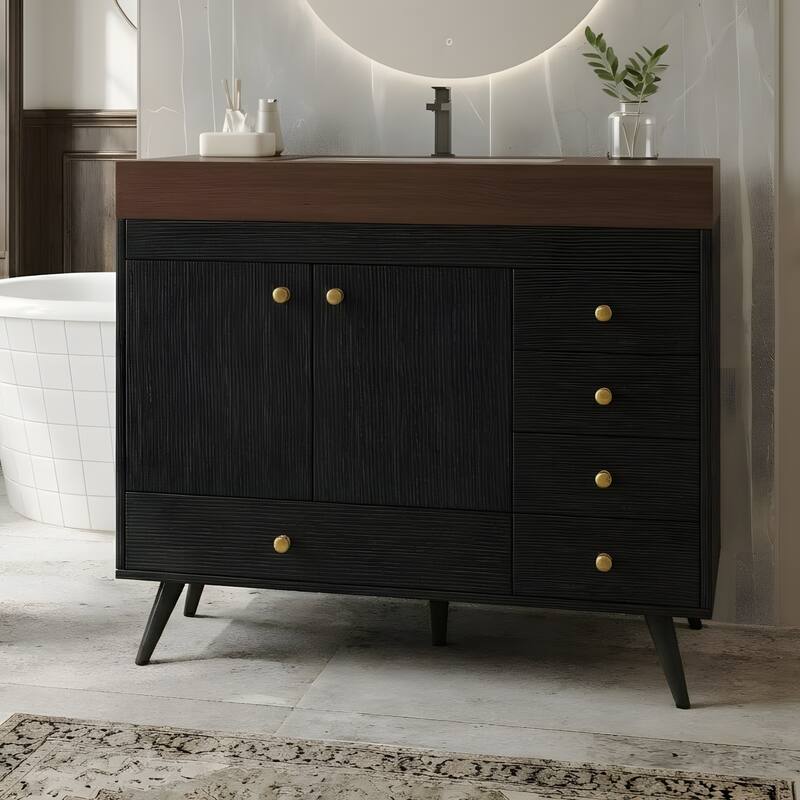 36" Freestanding Bathroom Vanity with Faux Marble Top, Ceramic Sink, 5 Drawers & Stainless Steel Legs