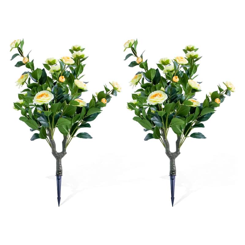 Set of 2/4 Artificial Topiary Ball Trees with Metal Stakes with Camellia Flowers - Yellow 2 pcs