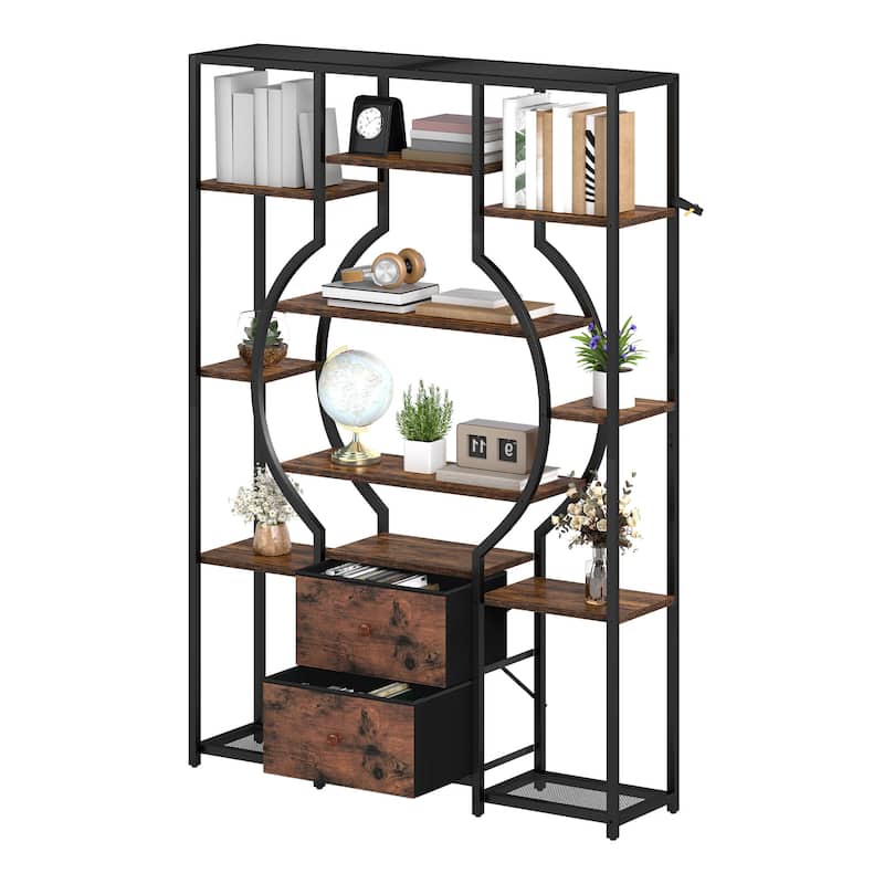 Moasis 6-Tier Bookshelf with 2 Drawers & 12 Open Shelves,Industrial Display Shelf Unit Bookcase