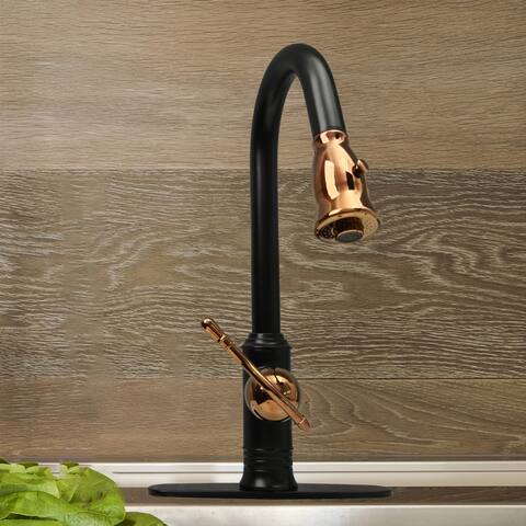 Two-Tone Matte Black & Rose Gold Kitchen Faucet with Deck Plate, Single Level Handle and Pull Down Sprayer