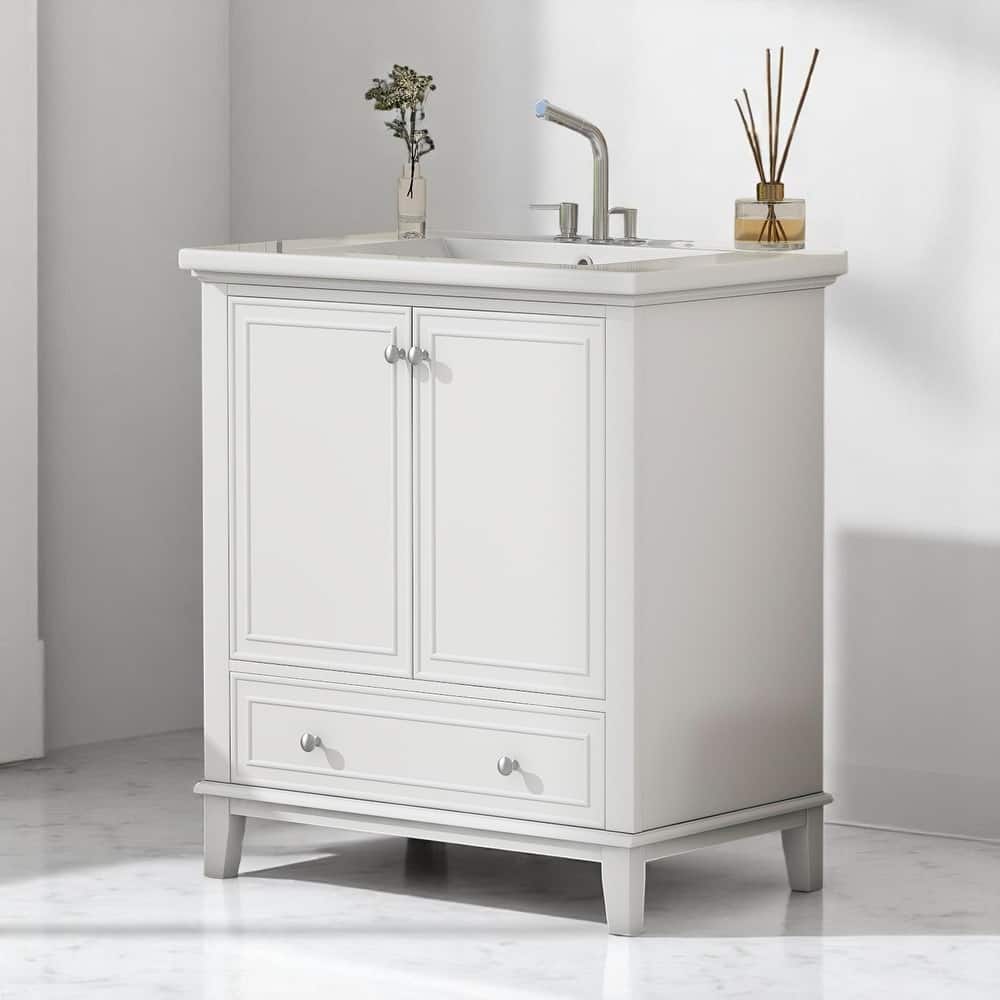 30" Bathroom Vanity with Sink Combo, Solid Wood Frame, Adjustable Shelf, Drawer & Cabinet Storage