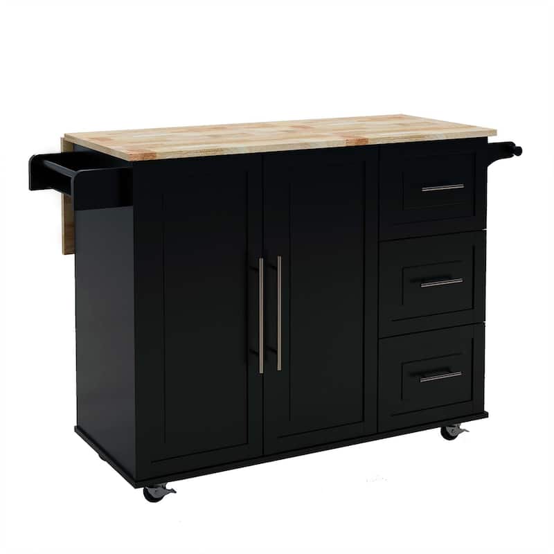 Kitchen Island with Spice Rack and Extensible Solid Wood Table Top