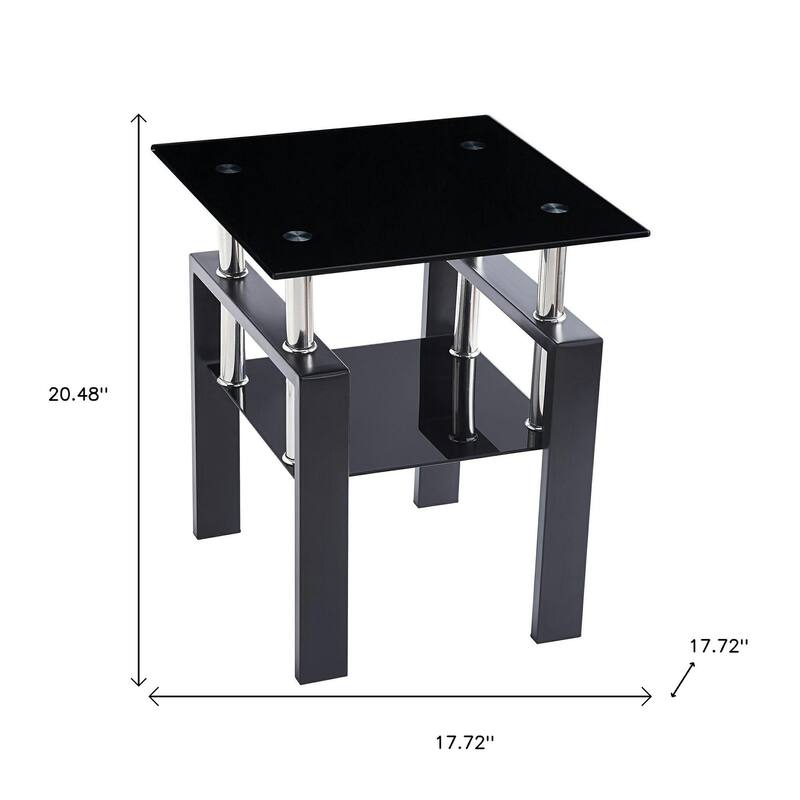 HomeRoots Black Glass and Metal Square End Tables With Shelf - 17.72 in. x 20.48 in. x 17.72 in.