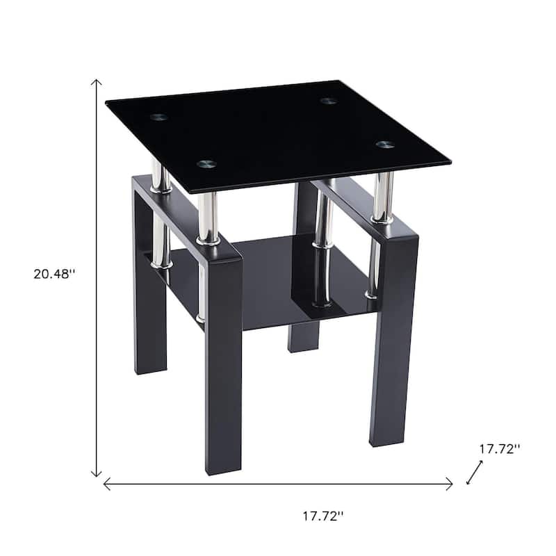 HomeRoots Set of Two Black Glass and Metal Square End Tables With Shelf - 17.72 in. x 20.48 in. x 17.72 in.